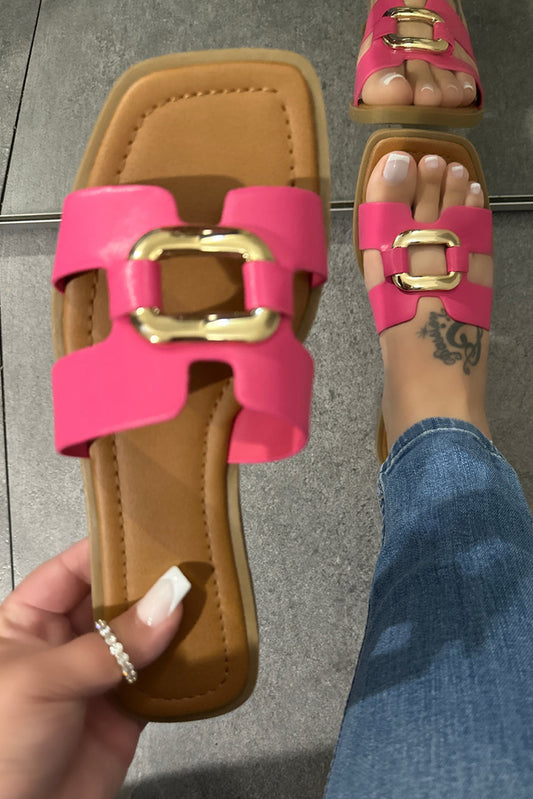Rose Red Metal Decor Cut Out Square Toe Slippers