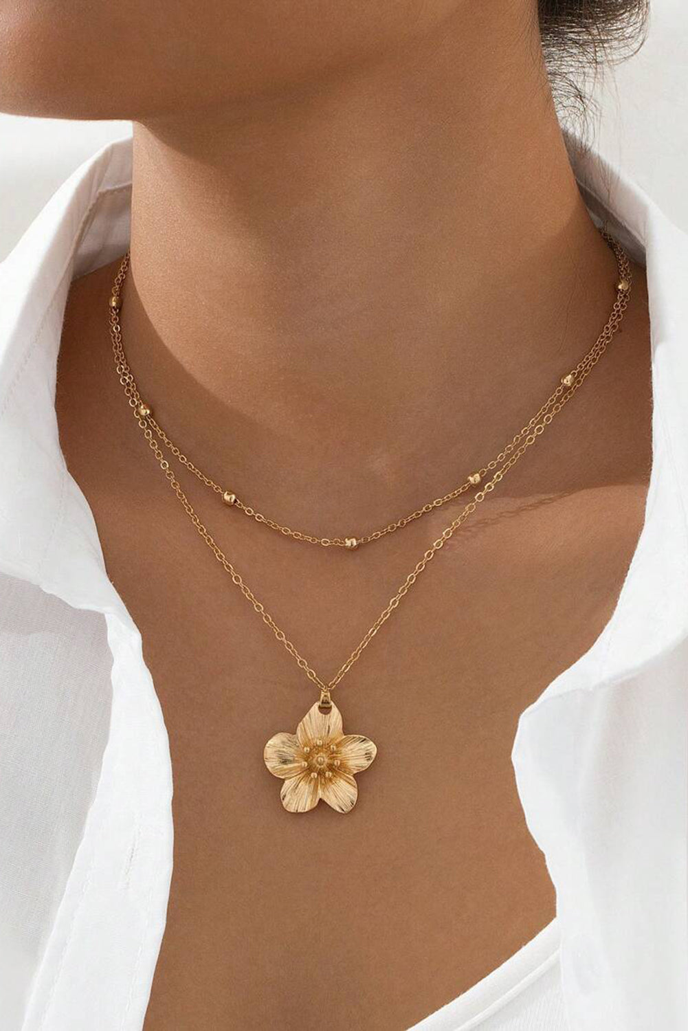 Gold Flower Pendant Beaded Double Chain Plated Necklace