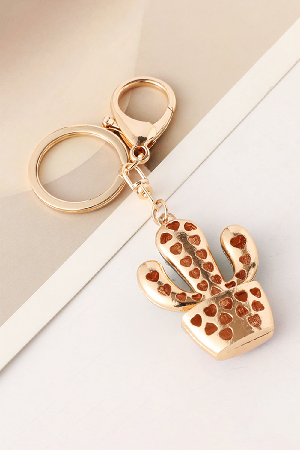 Gold Western Cactus Rhinestone Decor Keychain
