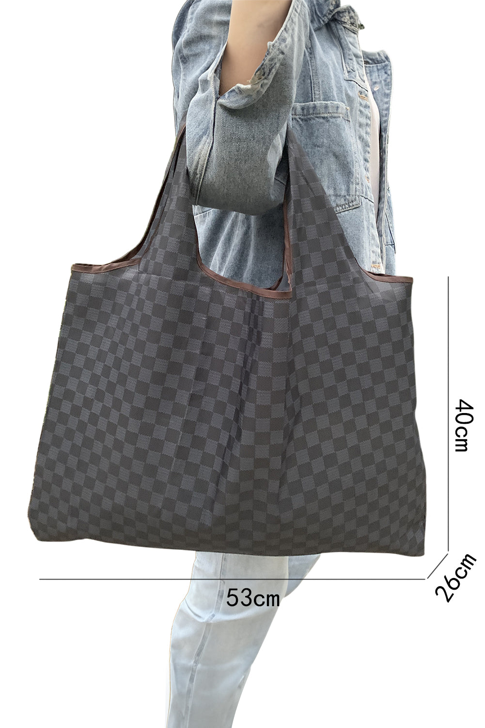 Black Trendy Checkered Pattern Large Portable Tote Bag