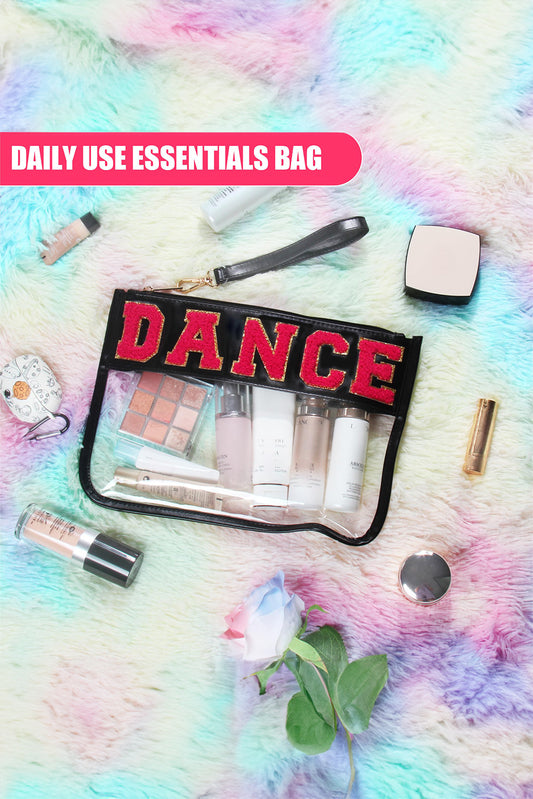 Black DANCE Chenille Letter PU Leather Patchwork Clear Makeup Bag