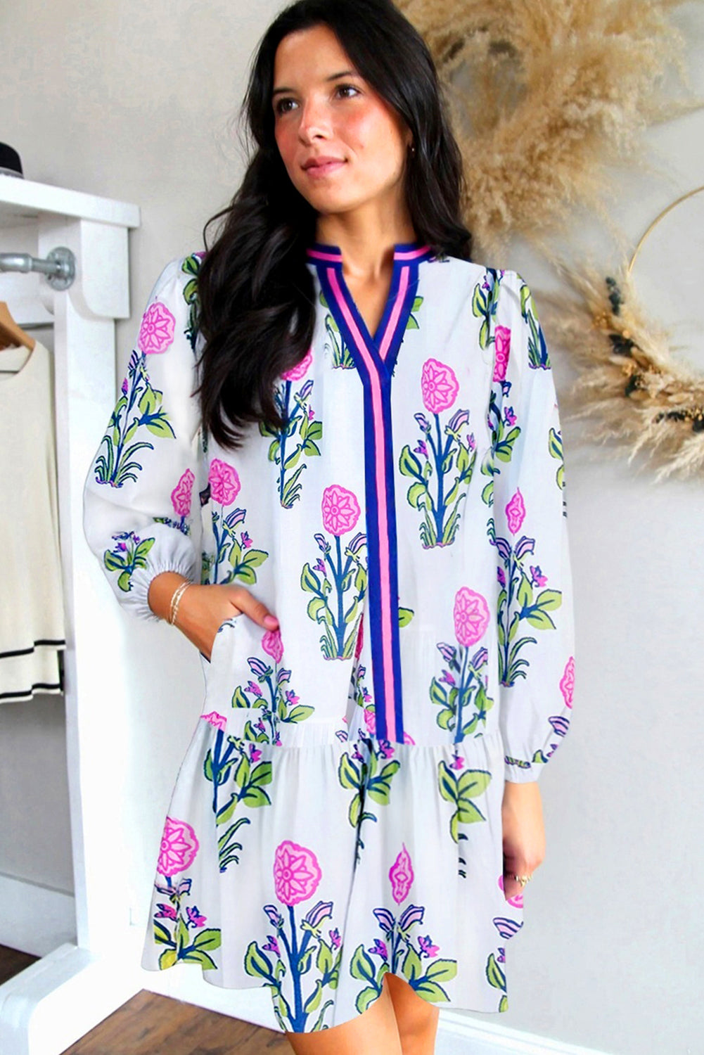 White Floral Print Contrast Striped Trim Notched Neck Long Sleeve Dress