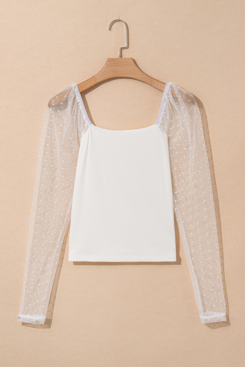 White Swiss Dot Mesh Long Sleeve Square Neck Slim Top