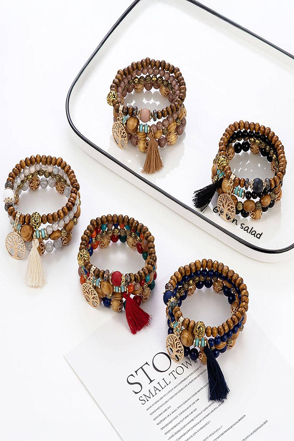 Thai Curry Boho Tassel Beaded Multi Layer Bracelet Set