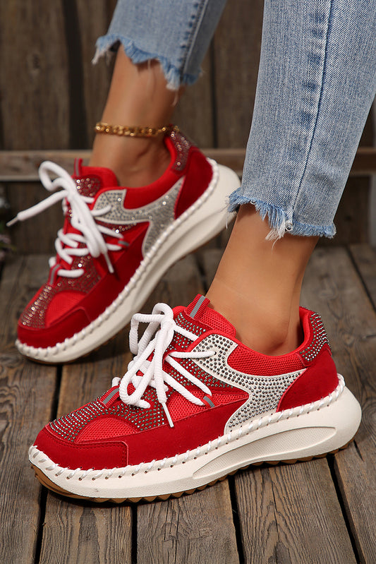 Fiery Red Rhinestone Embellished Color Block Patchwork Lace-up Breathable Sneakers