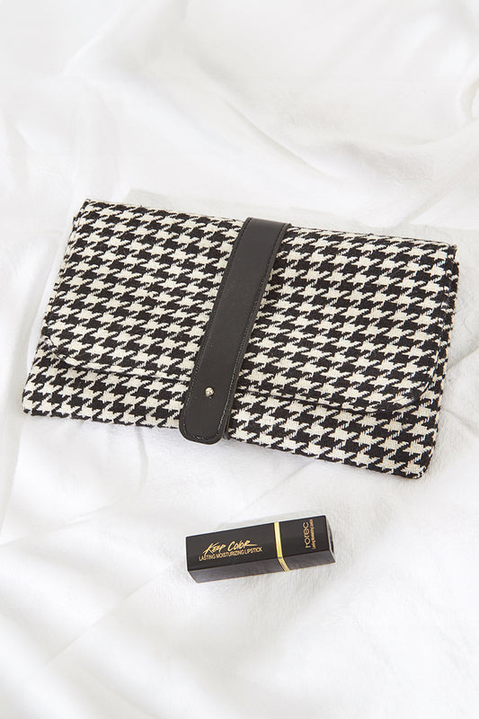 Black Houndstooth Print PU Leather Tab Patchwork Wallet Clutch Bag