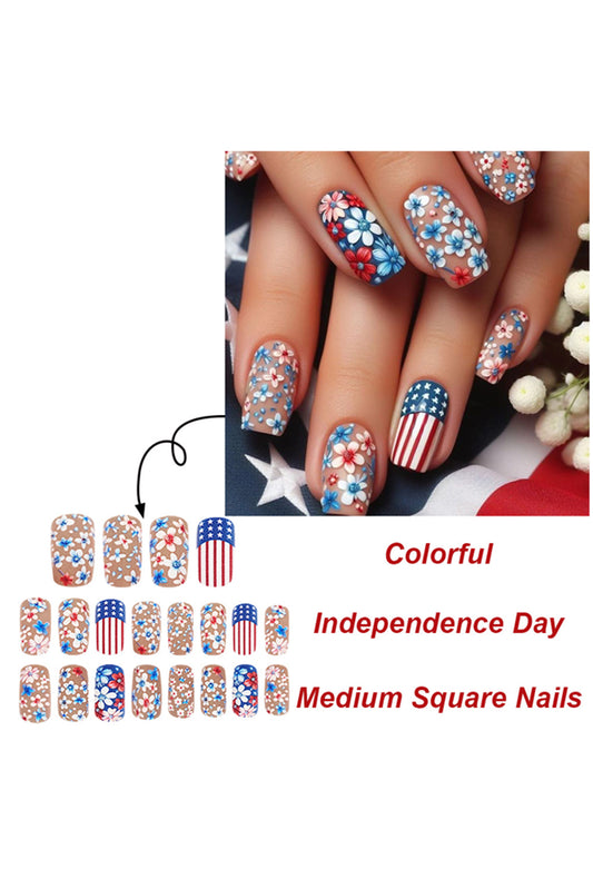 Sky Blue American Flag Flower Print Square False Nails