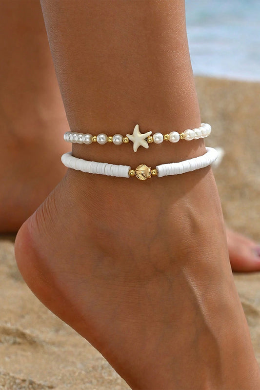 White Starfish Shell Pearl Decor Beaded Double Layer Anklet