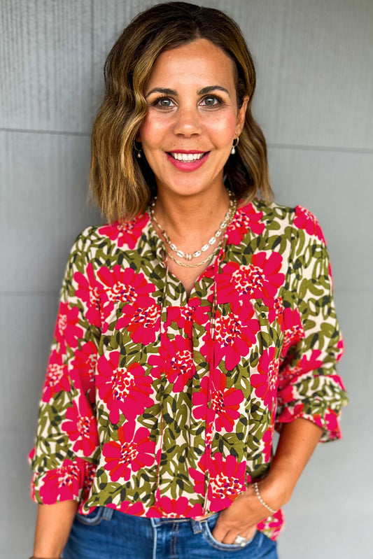 Red Floral Print Lace up V Neck Flounce Sleeve Blouse