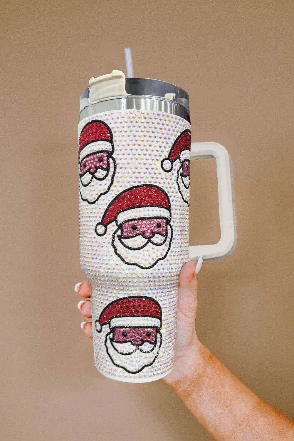 White Christmas Santa Claus Diamond Thermos Cup with Straw 40oz