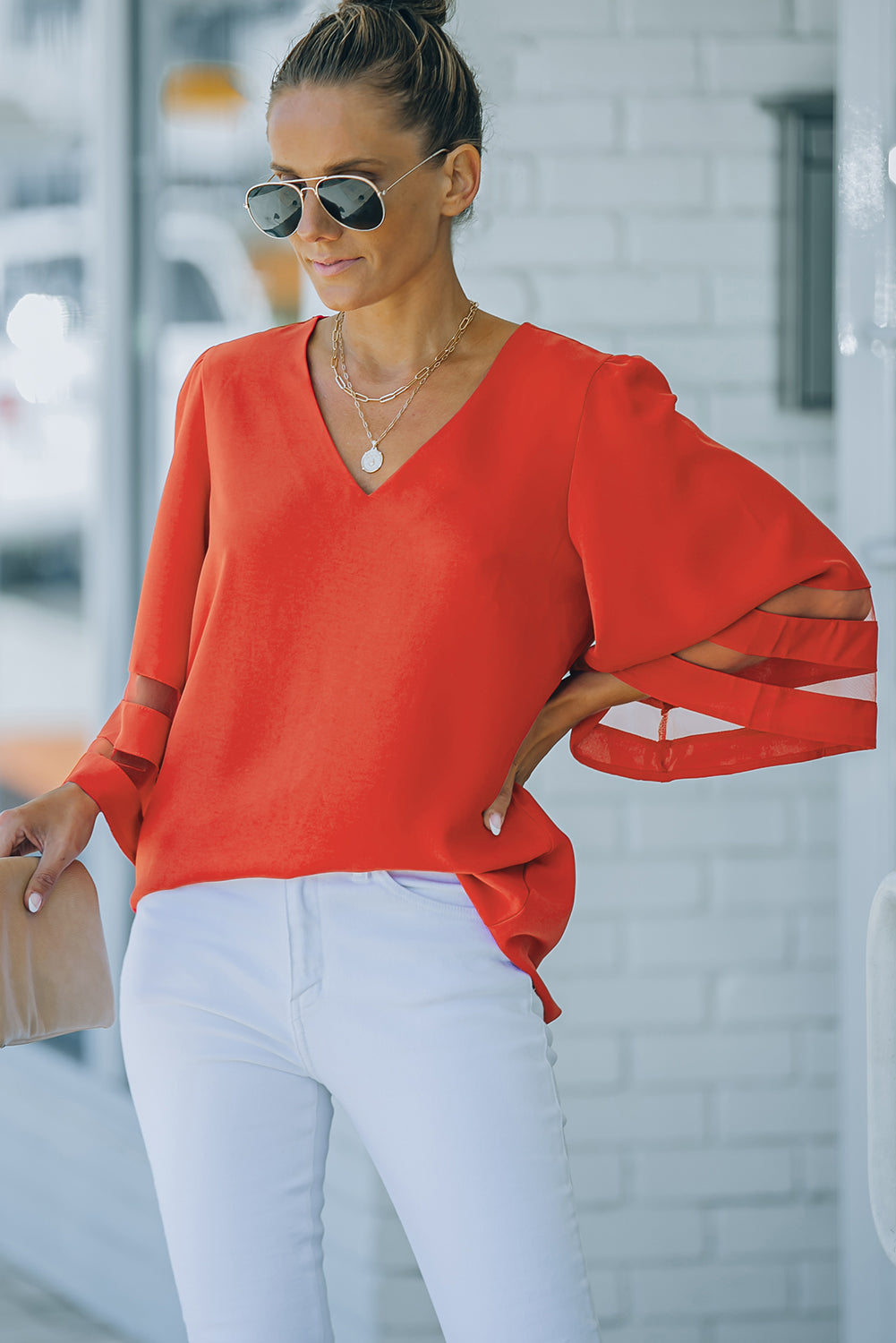 Fiery Red Flare Sleeve V Neck Loose Blouse