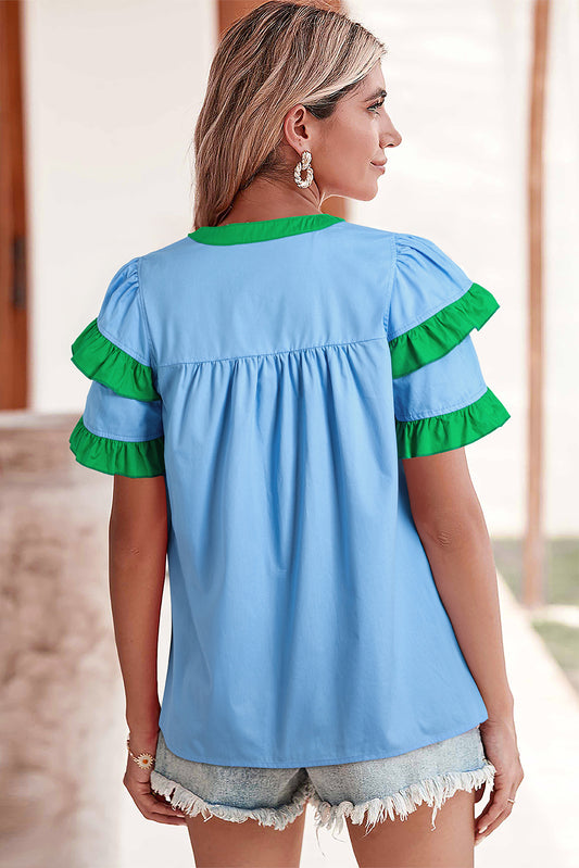 Mist Blue Contrast Notched Neck Frilly Detail Short Sleeve Blouse