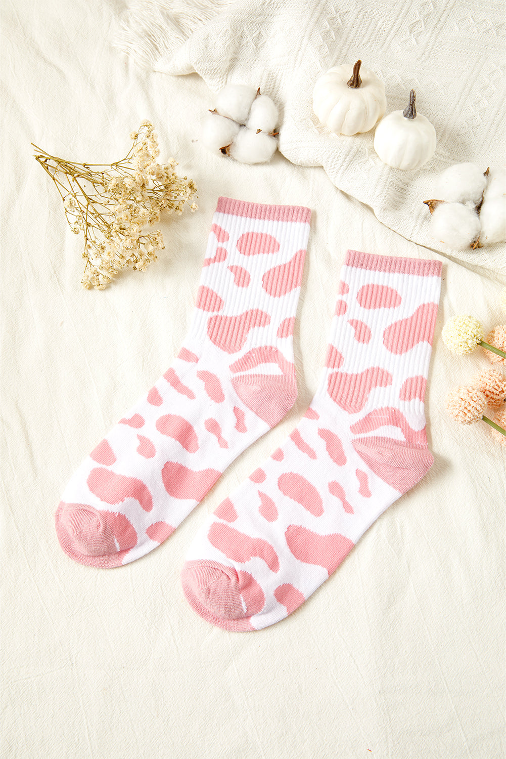 Pink Cow Print Ribbed Detail Crew Socks