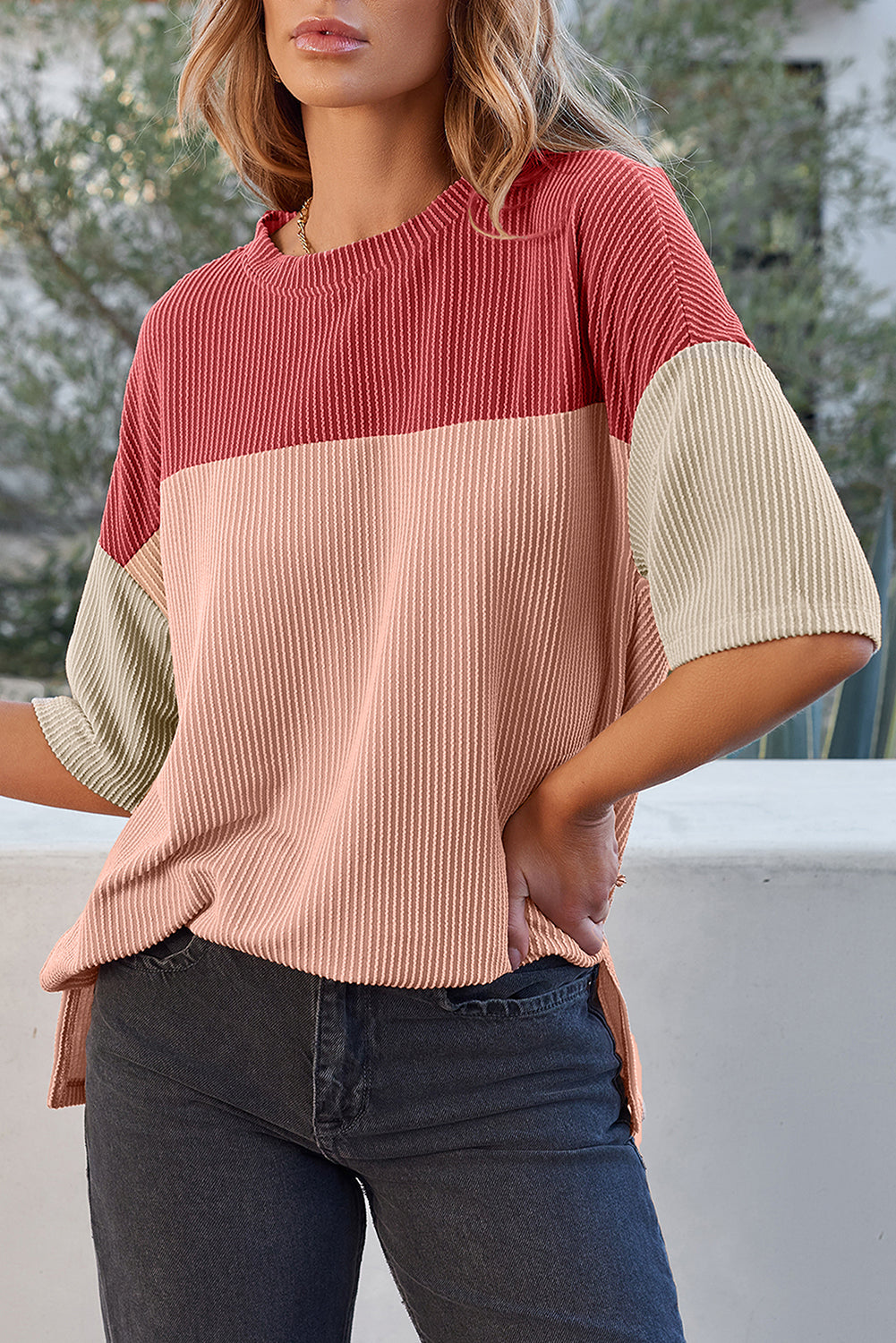 Rose Pink Color Block Ribbed Side Slits Half Sleeve Top