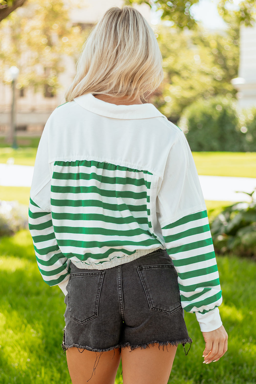 Green Stripe Colorblock Collared V Neck Cropped Knit Pullover