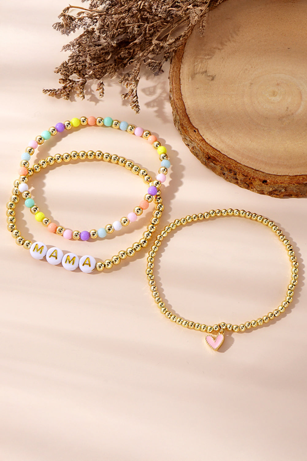 Gold MAMA Heart Beaded Multi Layer Stretch Bracelet