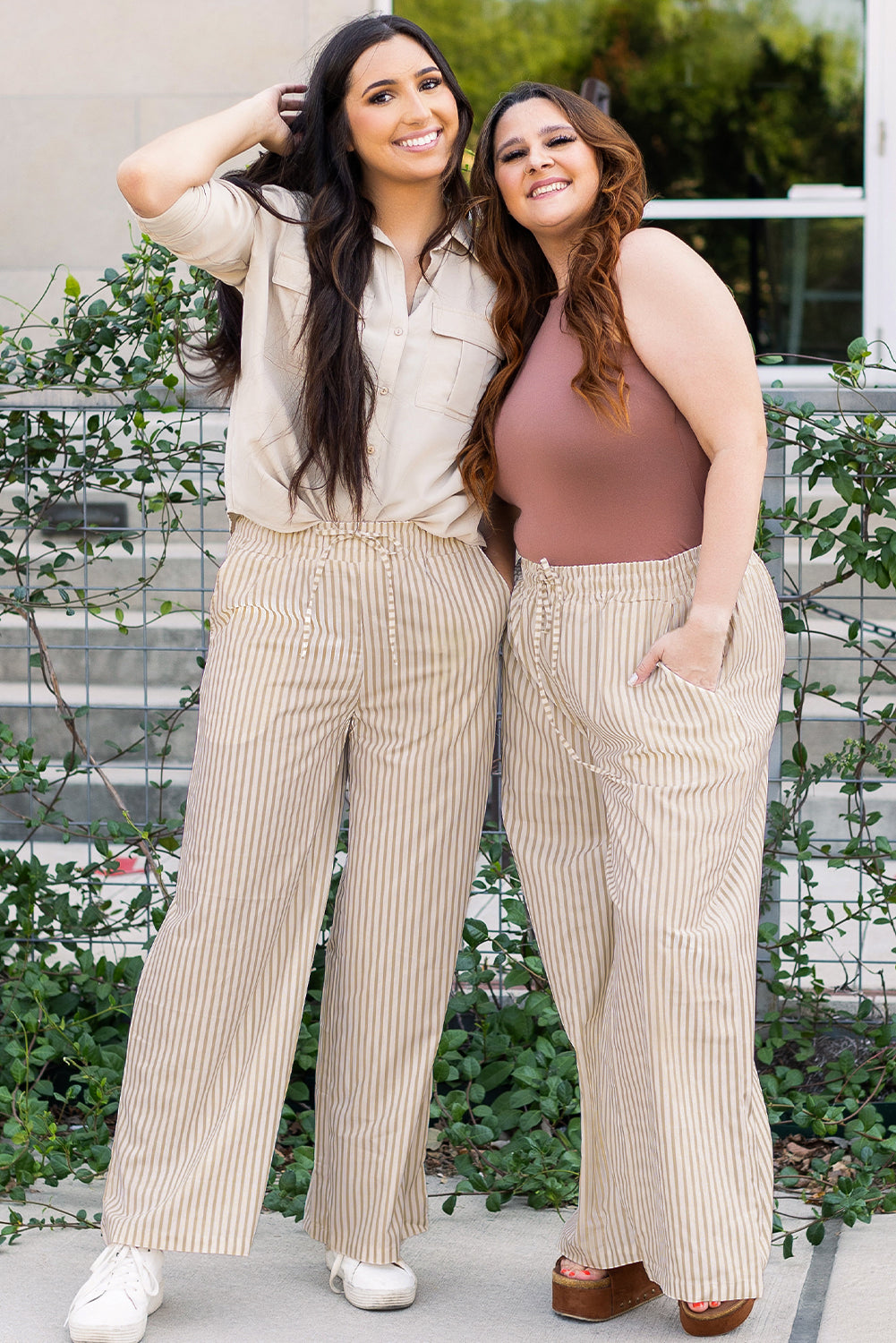 Khaki Stripe Print Wide Leg Drawstring Elastic Waistband Pants