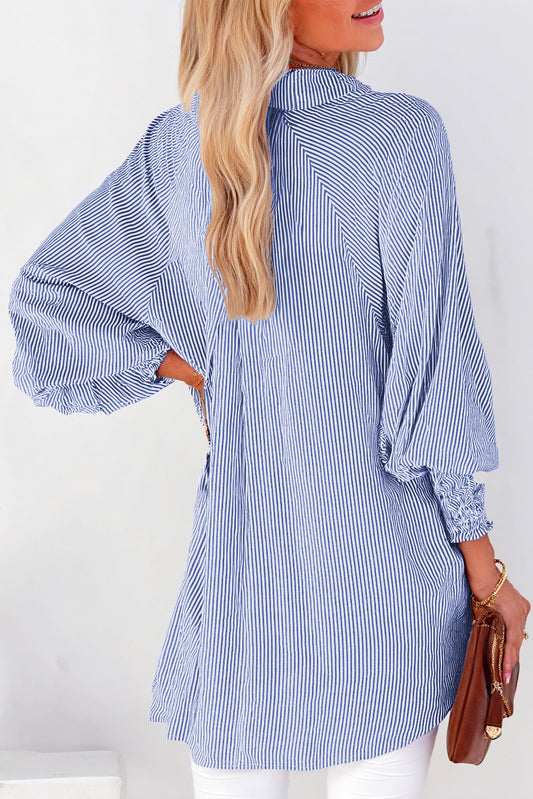 Blue Stripe Smocked Cuffed Striped Boyfriend Shirt with Pocket