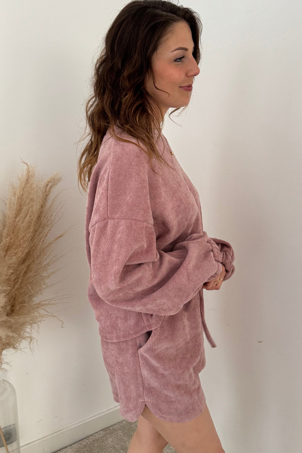 Fushia Solid Color Textured Knit Drop Shoulder Pullover Drawstring Shorts Set