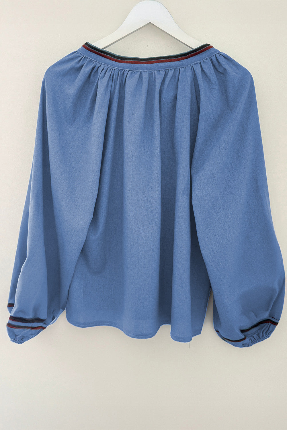 Real Teal Floral Embroidered Split Neck Tassel Tie Puff Sleeve Blouse