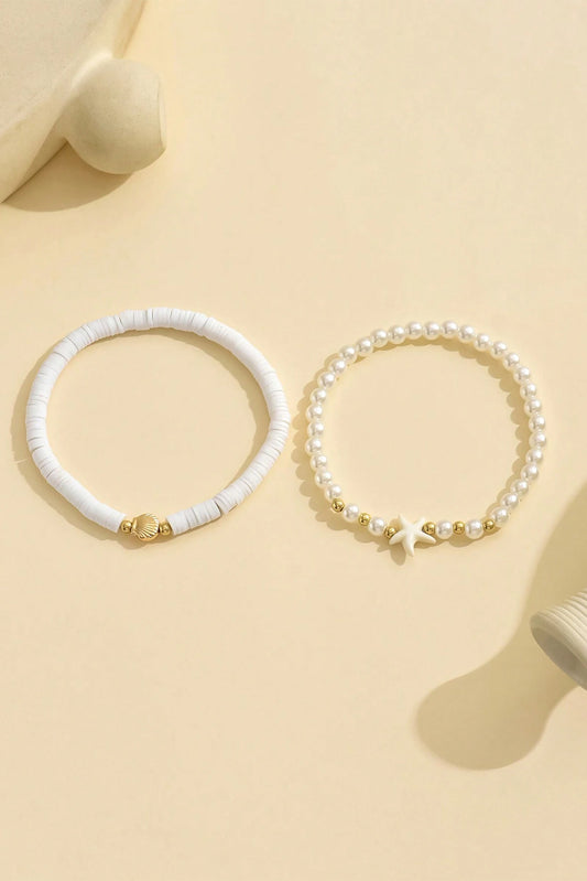 White Starfish Shell Pearl Decor Beaded Double Layer Anklet