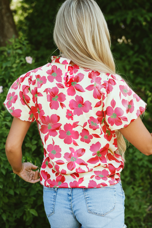 Pink Frilled Neck Short Puff Sleeve Floral Blouse