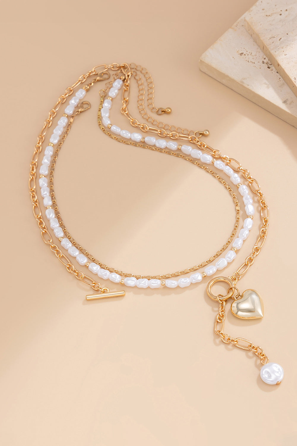 Gold Plated Heart Charm Pearl Chain Layered Necklace