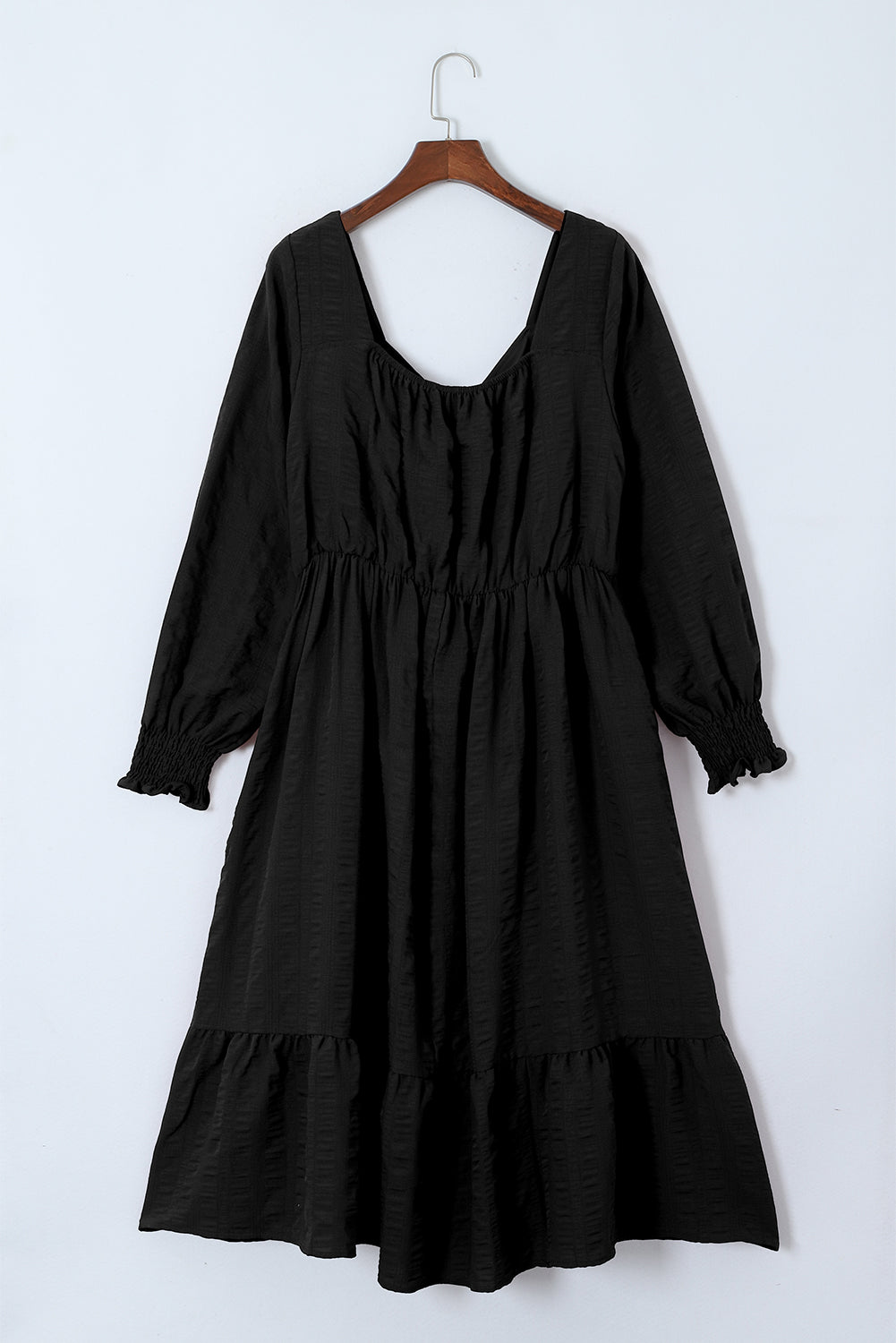 Black Lace-up Ruched Front Long Sleeve Ruffle Hem Plus Size Midi Dress