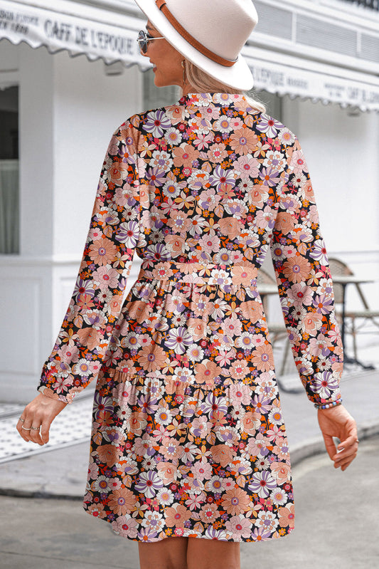 Multicolour Floral Print Long Sleeve Pleated Detail Bleted Mini Dress