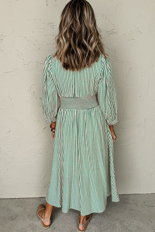 Green Stripe V Neck Zip Front Cinched High Waist Midi Dress