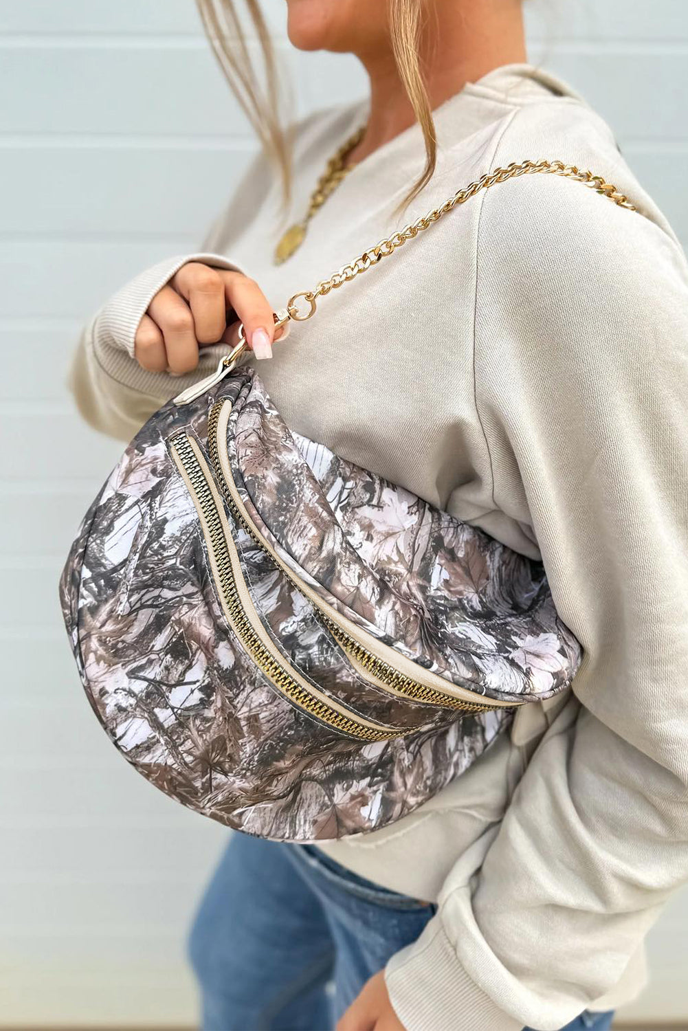 Medium Grey Camouflage Print Gold Chain Strap Double Zipper Crossbody Bag