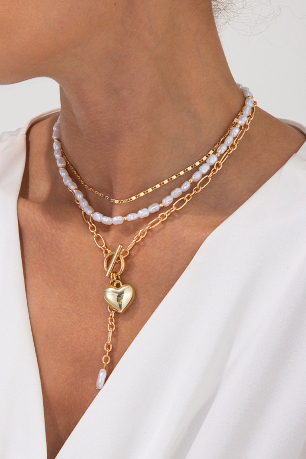 Gold Plated Heart Charm Pearl Chain Layered Necklace