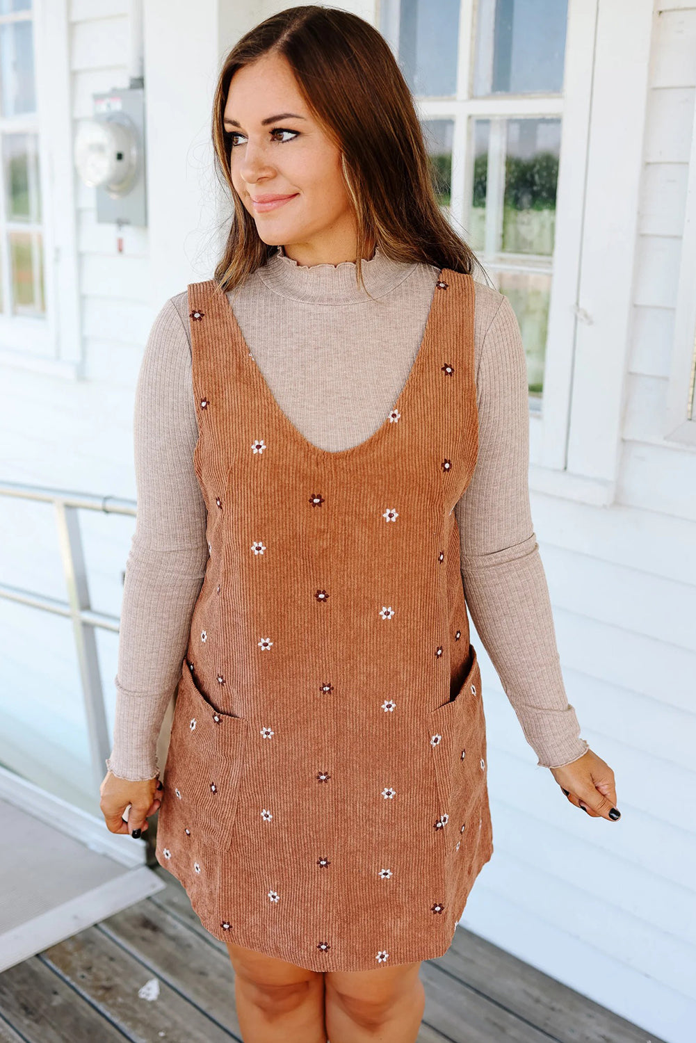 Gold Flame Flower Embroidered Corduroy Overall Mini Dress