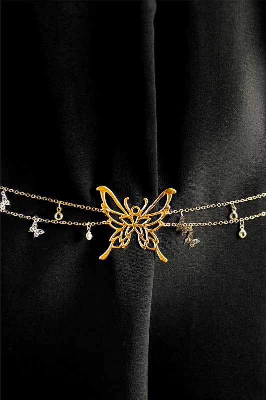 Gold Butterfly Decor Tassel Plate Alloy Layered Waist Chain