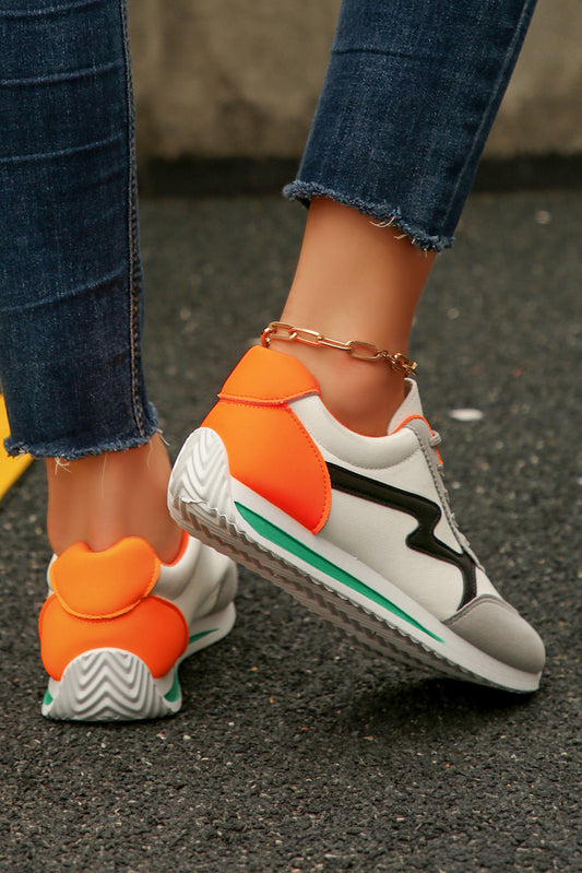 White PU Leather Color Block Patchwork Lace Up Sneakers