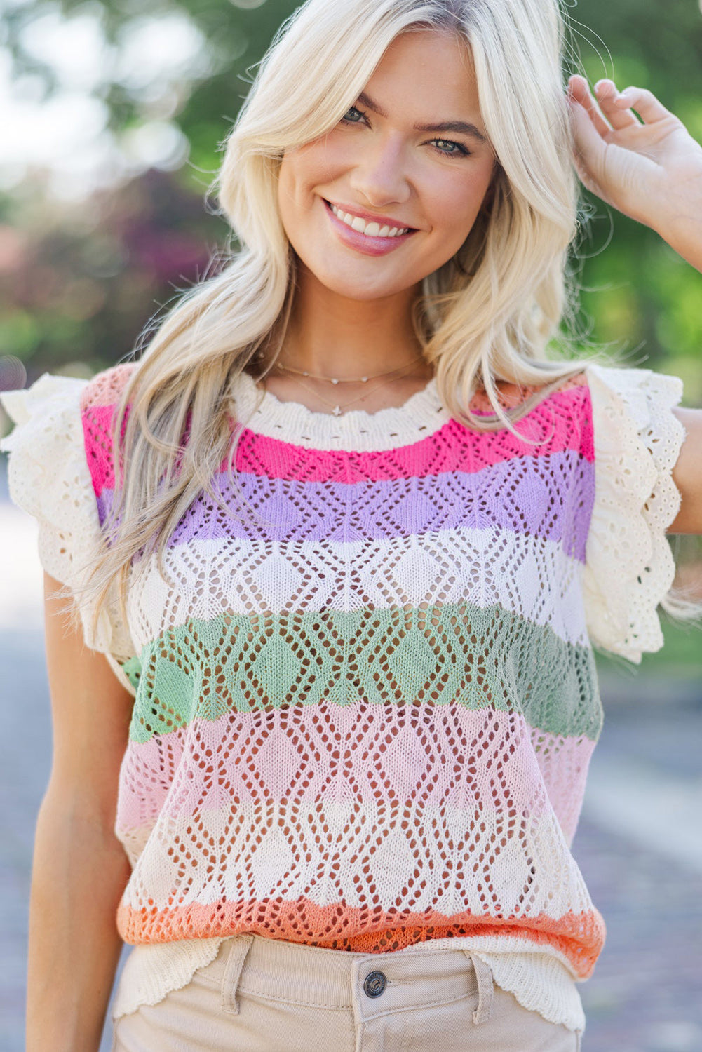 Rose Stripe Colorblock Hollowed Knit Scallop Edge Sweater Vest