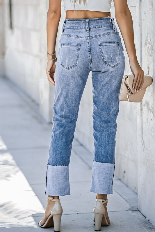 Sky Blue High Waist Distressed Straight Leg Jeans