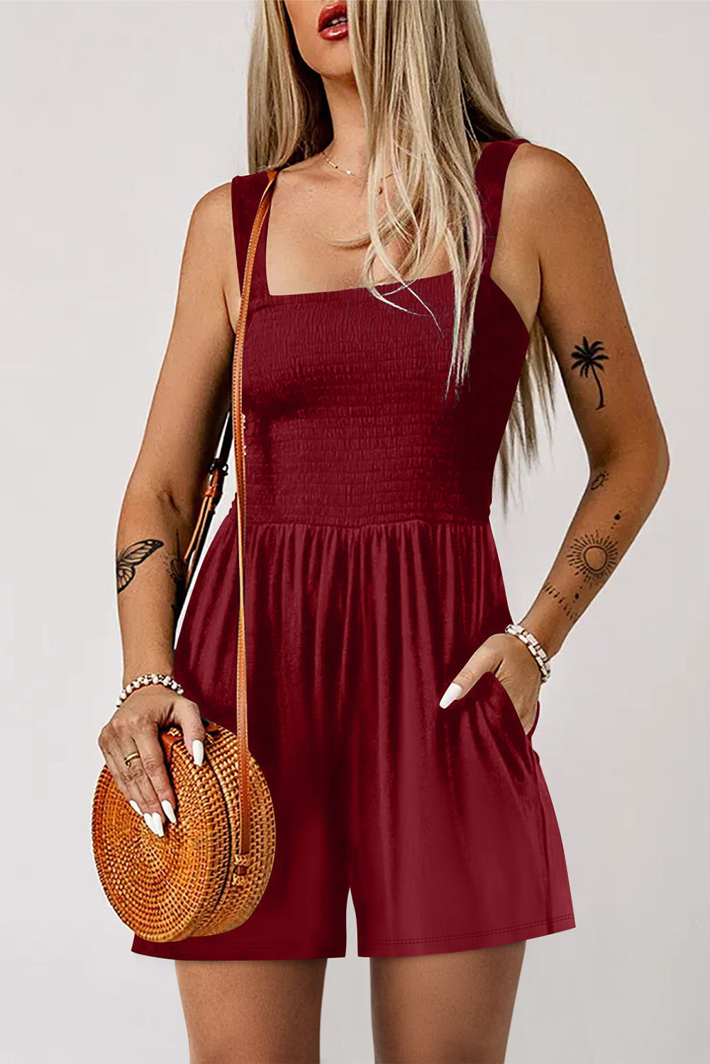 Burgundy Casual Pocketed Smocked Sleeveless Romper