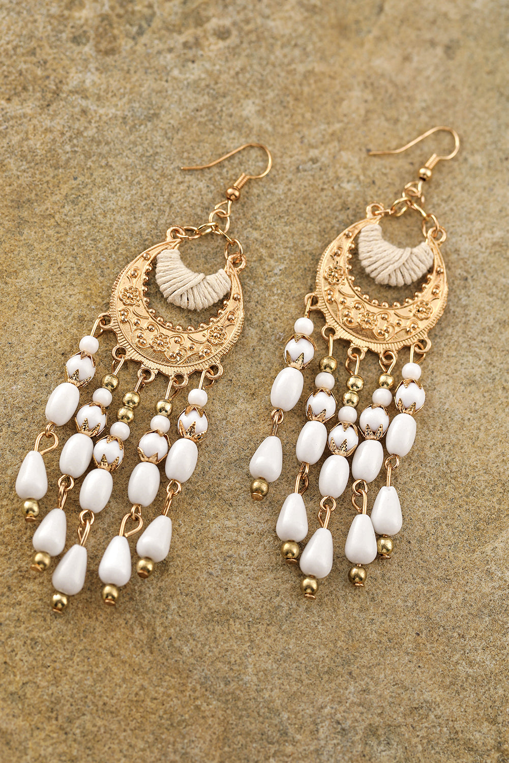 White Boho Beaded Tassel Alloy Charm Earrings