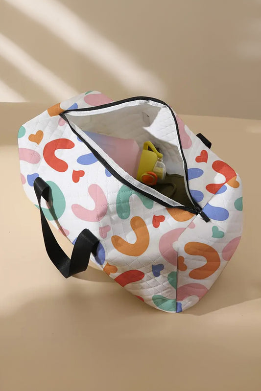 White Heart Shape Print Quilted Zipper Large Duffel Bag