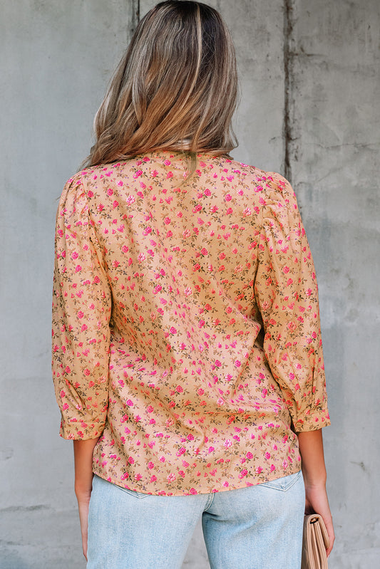 Light French Beige Floral Print Bow Pintuck Bust Half Puff Sleeve Blouse Top