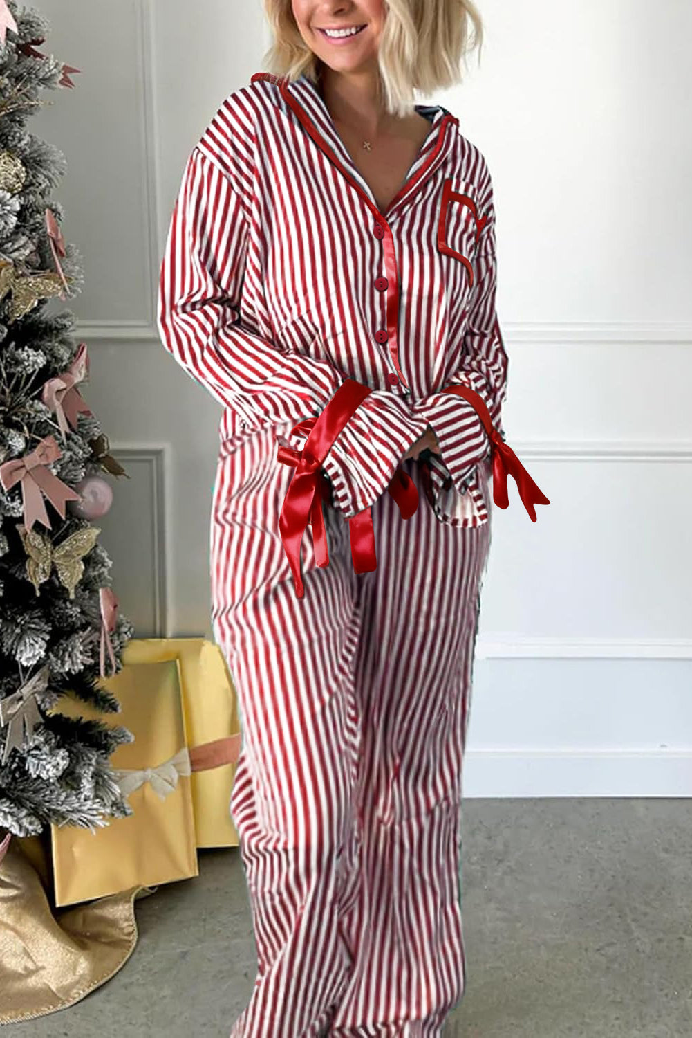 Red Stripe Contrast Velvet Trim Bow Knot Waist 2pcs Pajama Set