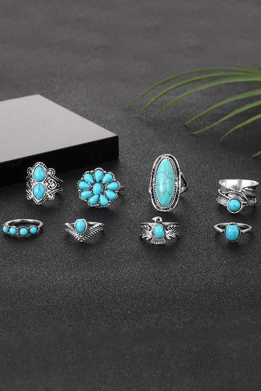 Green Vintage Western Turquoise 8-piece Ring Set