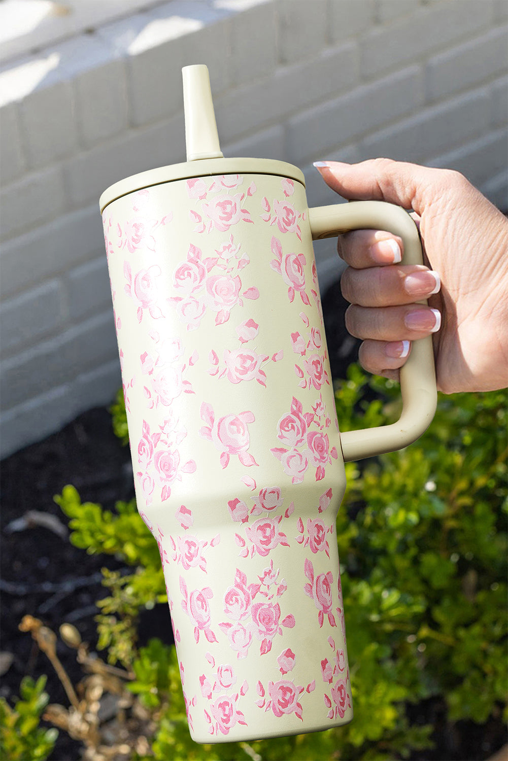 White Flower Print Handle Insulated Large Tumbler 40oz