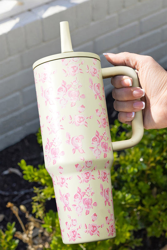 White Flower Print Handle Insulated Large Tumbler 40oz