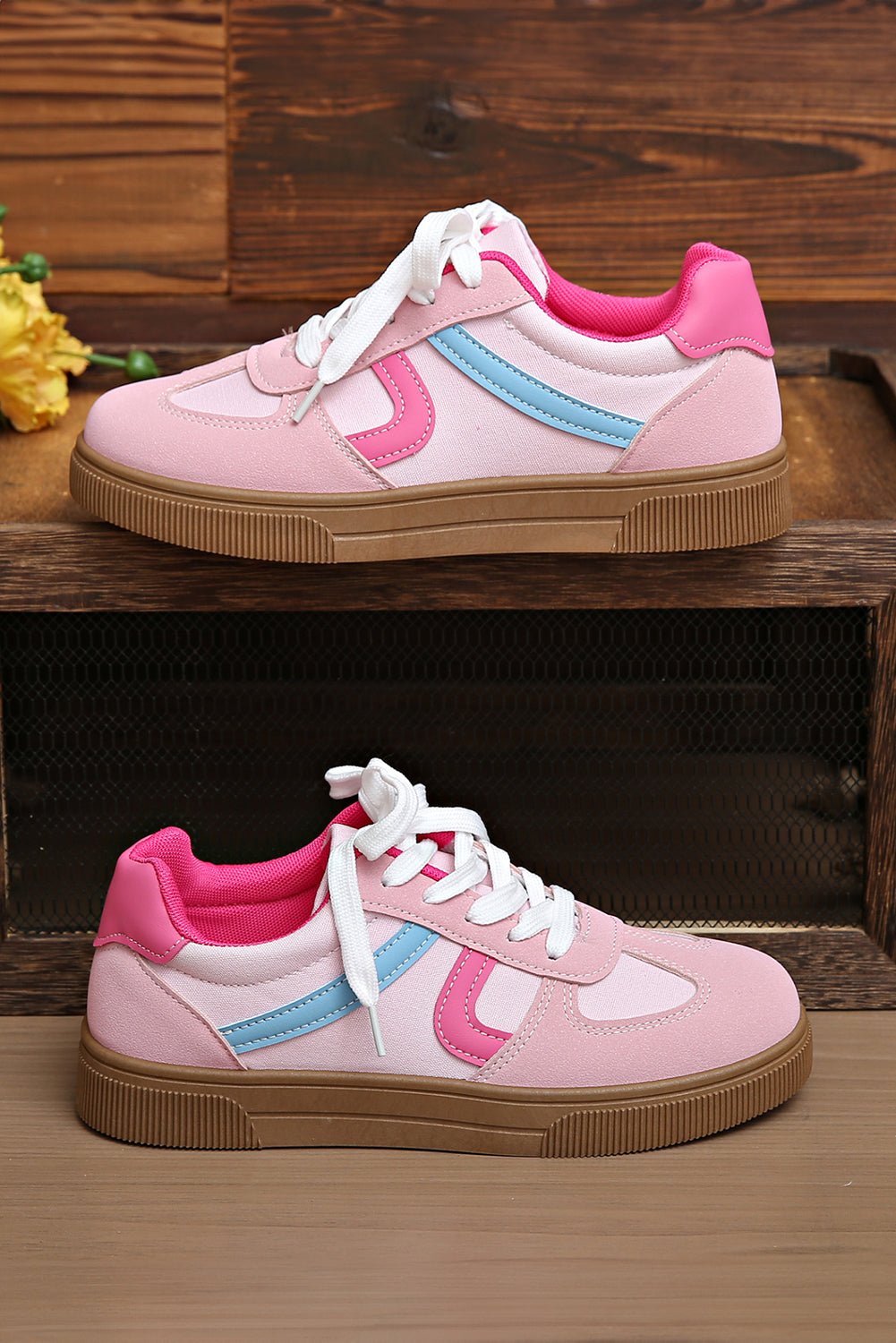 Rose Red Color Block PU Leather Patchwork Lace Up Flat Shoes