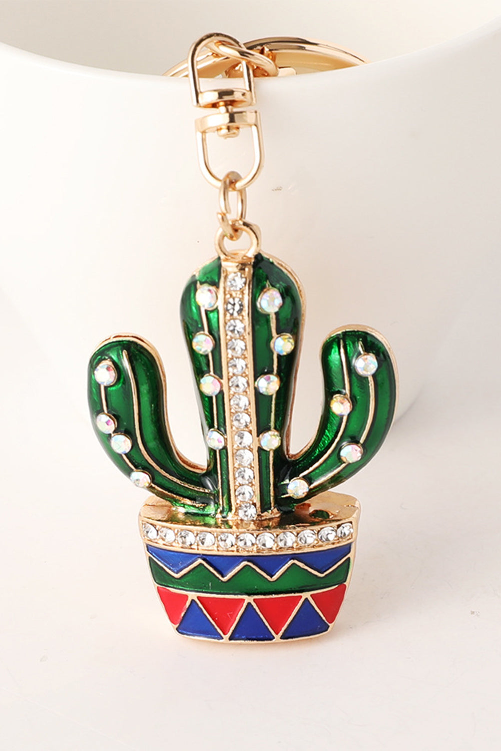 Gold Western Cactus Rhinestone Decor Keychain