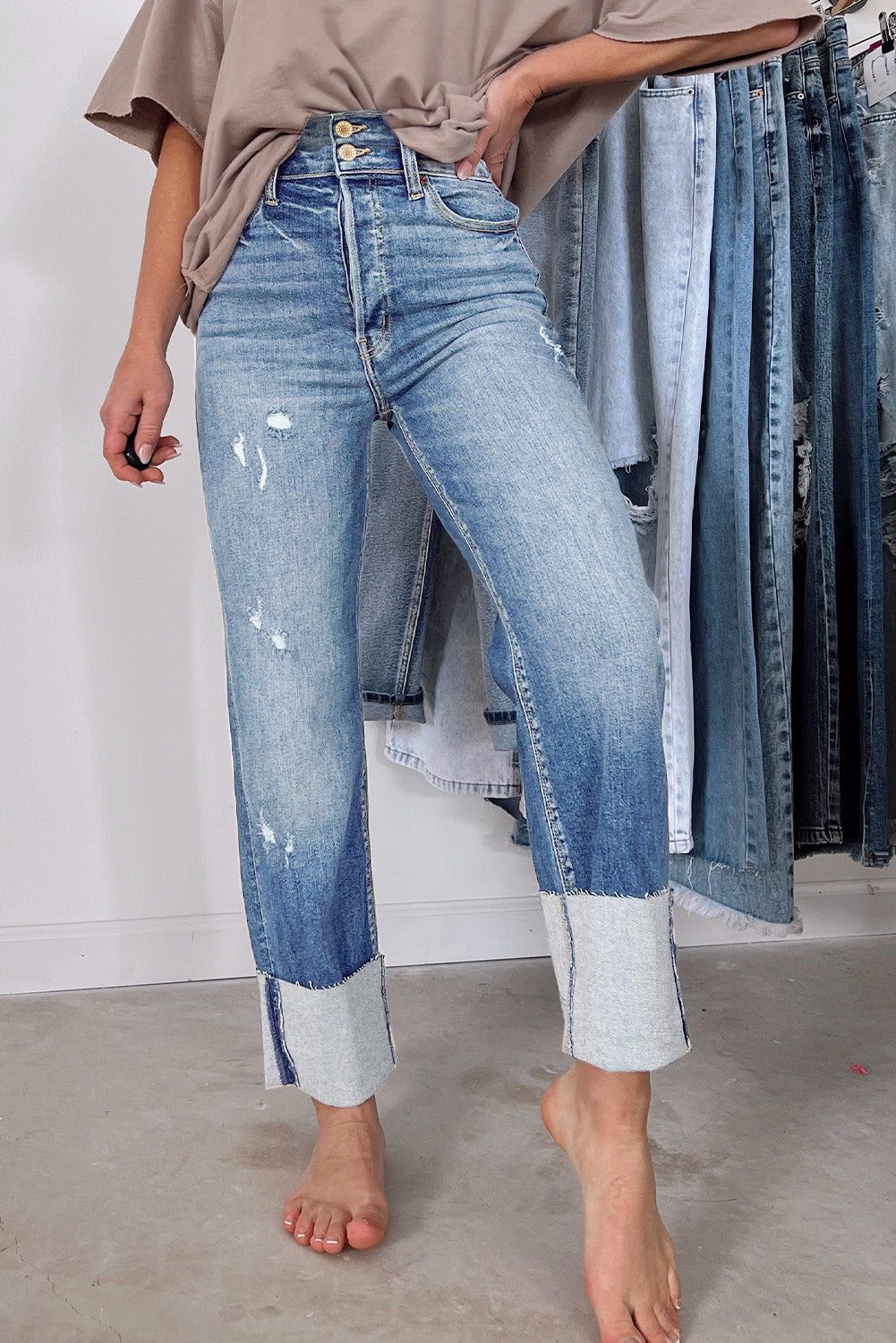 Sky Blue High Waist Distressed Straight Leg Jeans