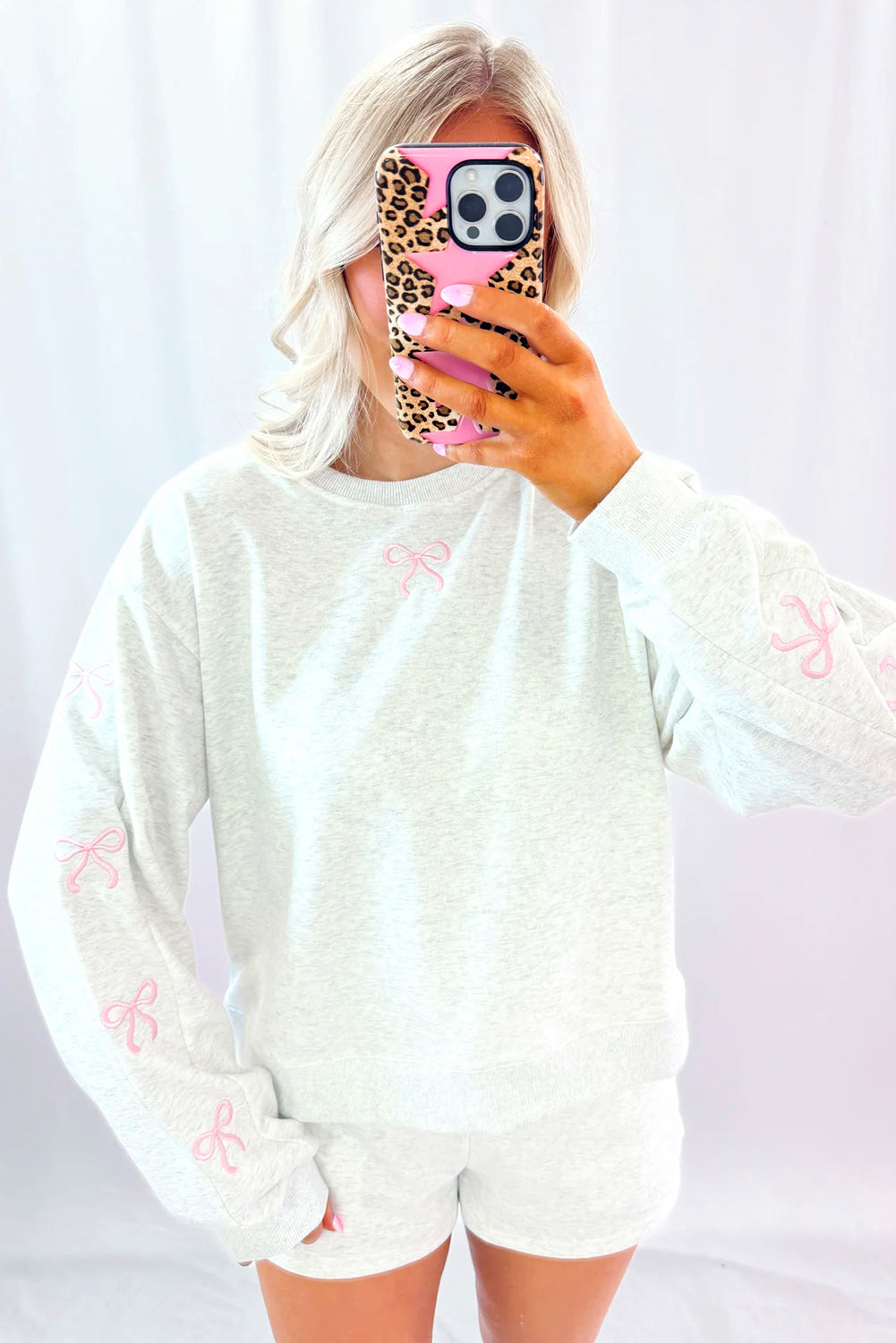 Light Grey Girly Bow Embroidered Detail Puff Sleeve Pullover 2pcs Short Set