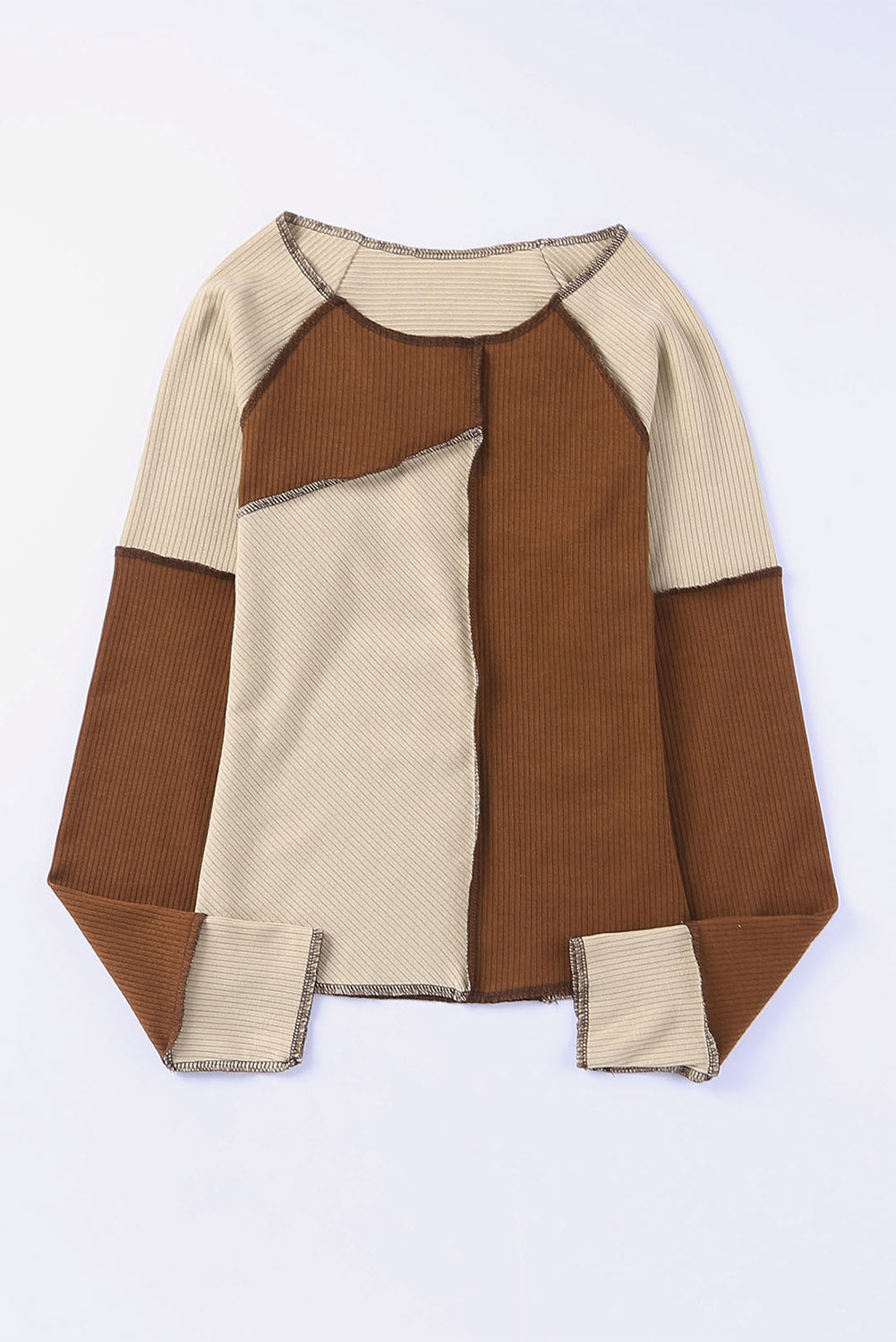 Brown Irregular Color Block Seaming Trim Rib Knit Top